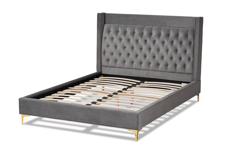 Baxton Studio Valery Modern and Contemporary Dark Gray Velvet Fabric Upholstered Queen Size Platform Bed with Gold-Finished Legs