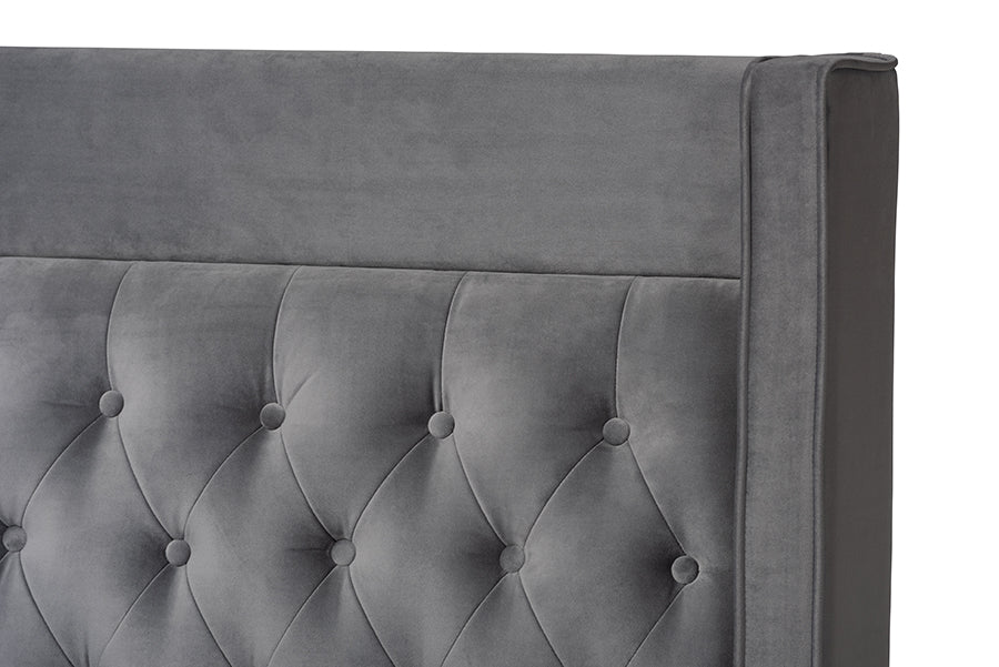 Baxton Studio Valery Modern and Contemporary Dark Gray Velvet Fabric Upholstered King Size Platform Bed with Gold-Finished Legs