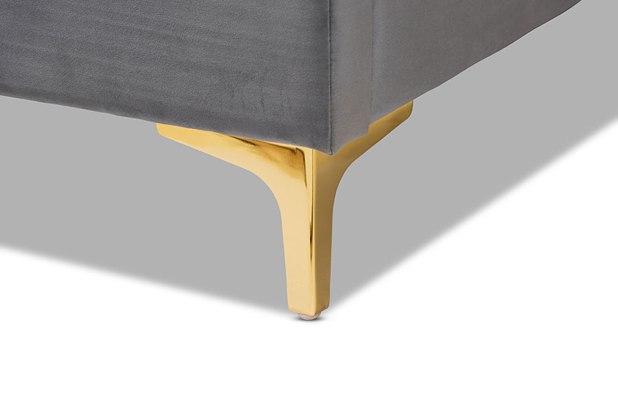 Baxton Studio Valery Modern and Contemporary Dark Gray Velvet Fabric Upholstered Queen Size Platform Bed with Gold-Finished Legs