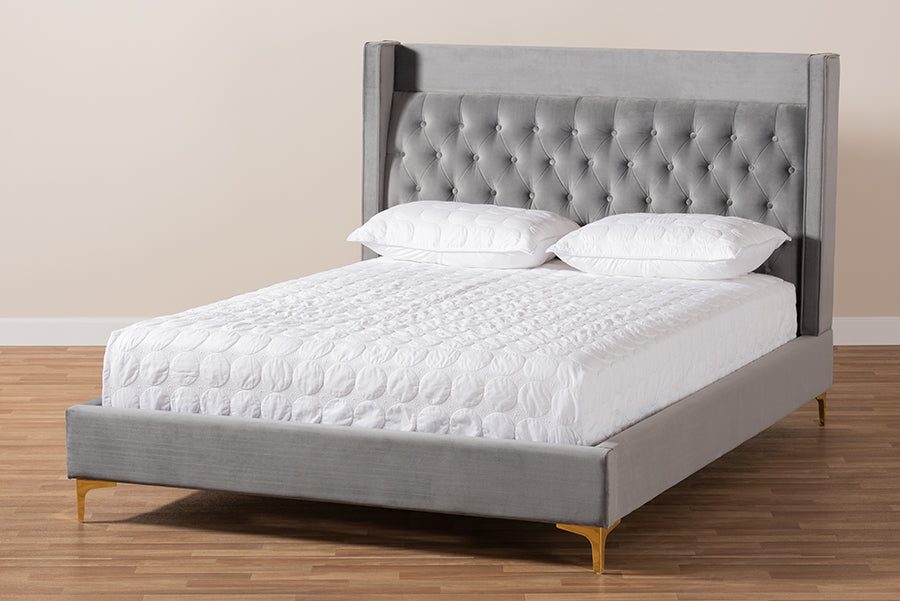 Baxton Studio Valery Modern and Contemporary Dark Gray Velvet Fabric Upholstered Queen Size Platform Bed with Gold-Finished Legs