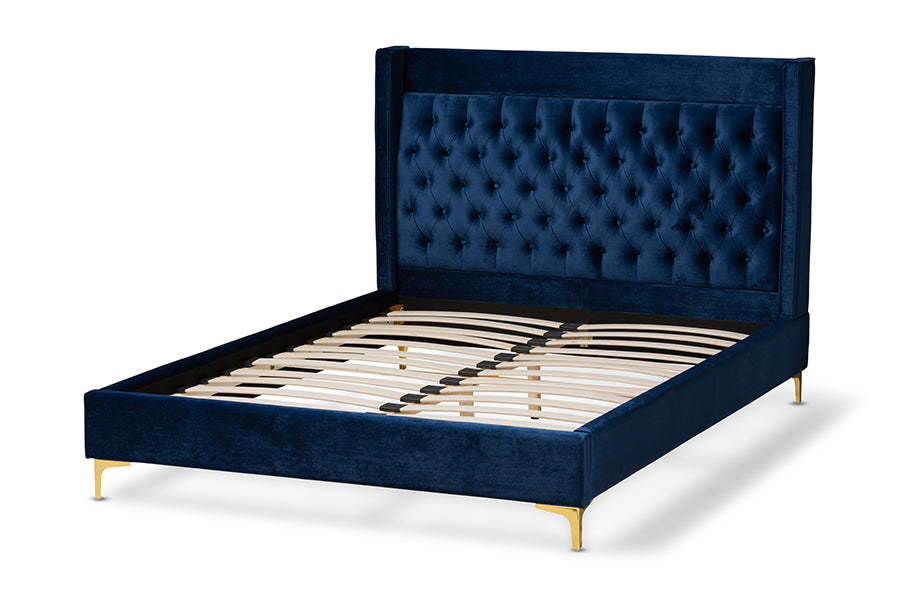 Baxton Studio Valery Modern and Contemporary Navy Blue Velvet Fabric Upholstered Queen Size Platform Bed with Gold-Finished Legs