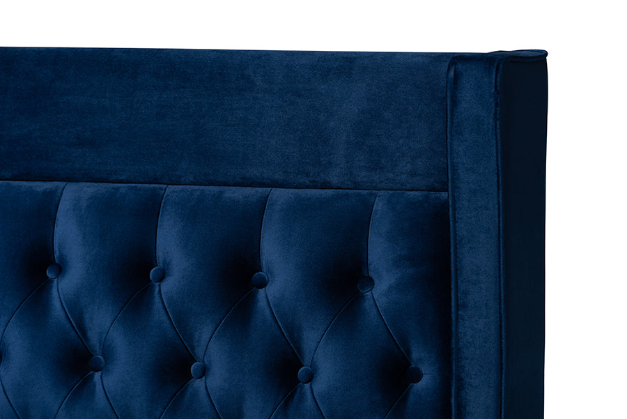 Baxton Studio Valery Modern and Contemporary Navy Blue Velvet Fabric Upholstered Queen Size Platform Bed with Gold-Finished Legs