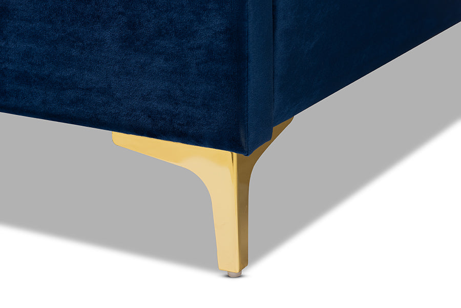 Baxton Studio Valery Modern and Contemporary Navy Blue Velvet Fabric Upholstered Queen Size Platform Bed with Gold-Finished Legs