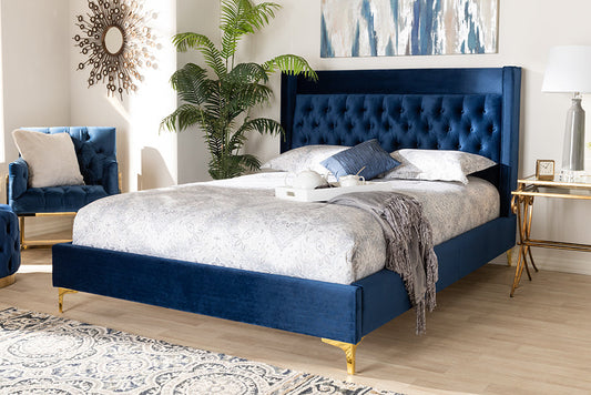 Baxton Studio Valery Modern and Contemporary Navy Blue Velvet Fabric Upholstered Queen Size Platform Bed with Gold-Finished Legs