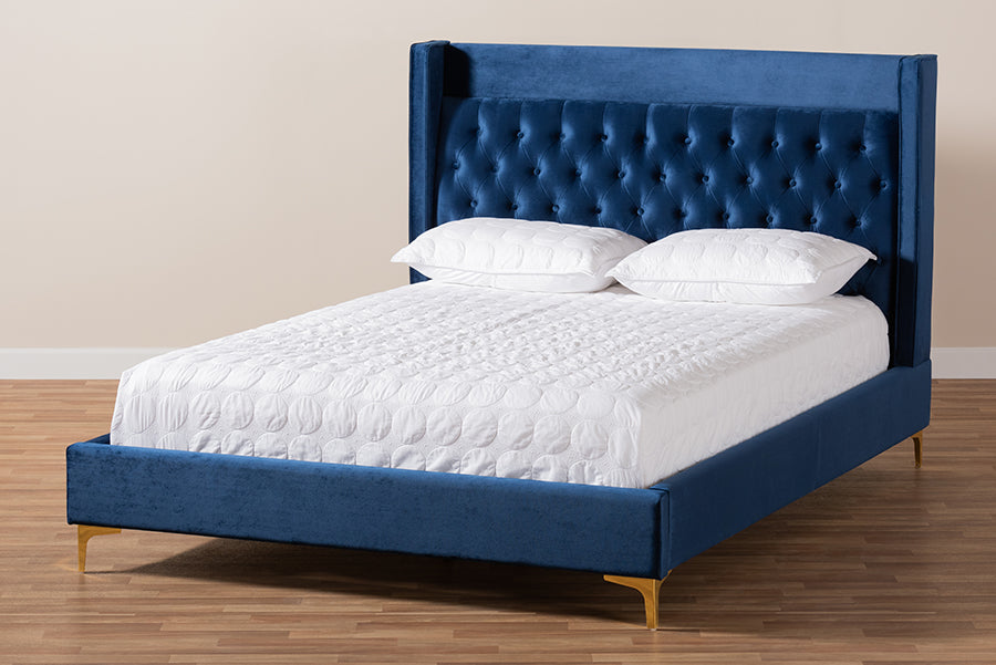 Baxton Studio Valery Modern and Contemporary Navy Blue Velvet Fabric Upholstered Queen Size Platform Bed with Gold-Finished Legs