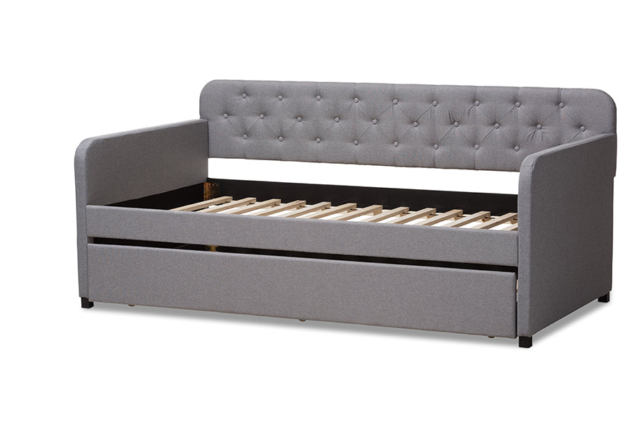 Baxton Studio Camelia Modern and Contemporary Grey Fabric Upholstered Button-Tufted Twin Size Sofa Daybed with Roll-Out Trundle Guest Bed
