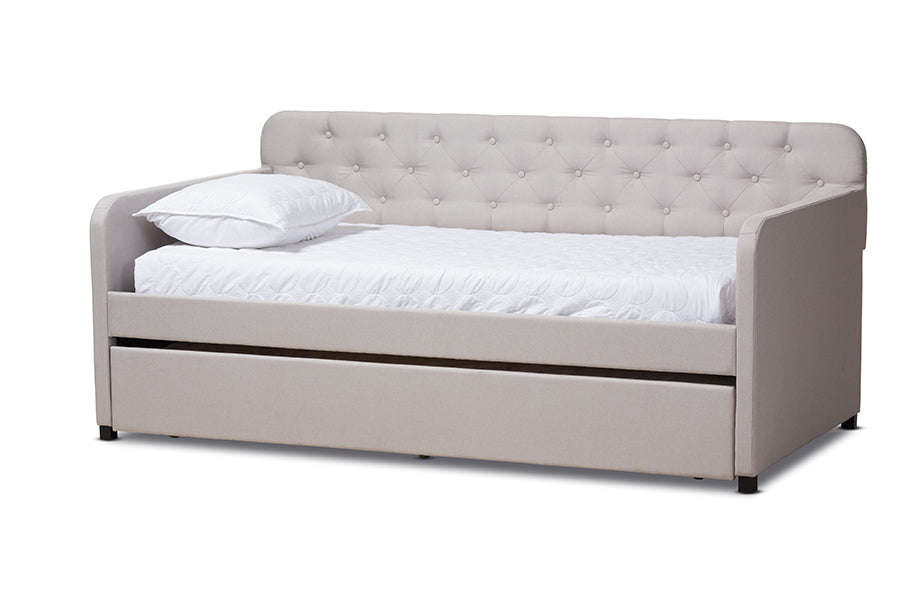 Baxton Studio Camelia Modern and Contemporary Beige Fabric Upholstered Button-Tufted Twin Size Sofa Daybed with Roll-Out Trundle Guest Bed