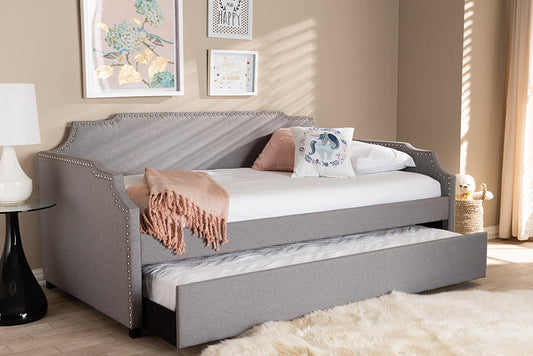 Baxton Studio Ally Modern and Contemporary Grey Fabric Upholstered Twin Size Sofa Daybed with Roll Out Trundle Guest Bed