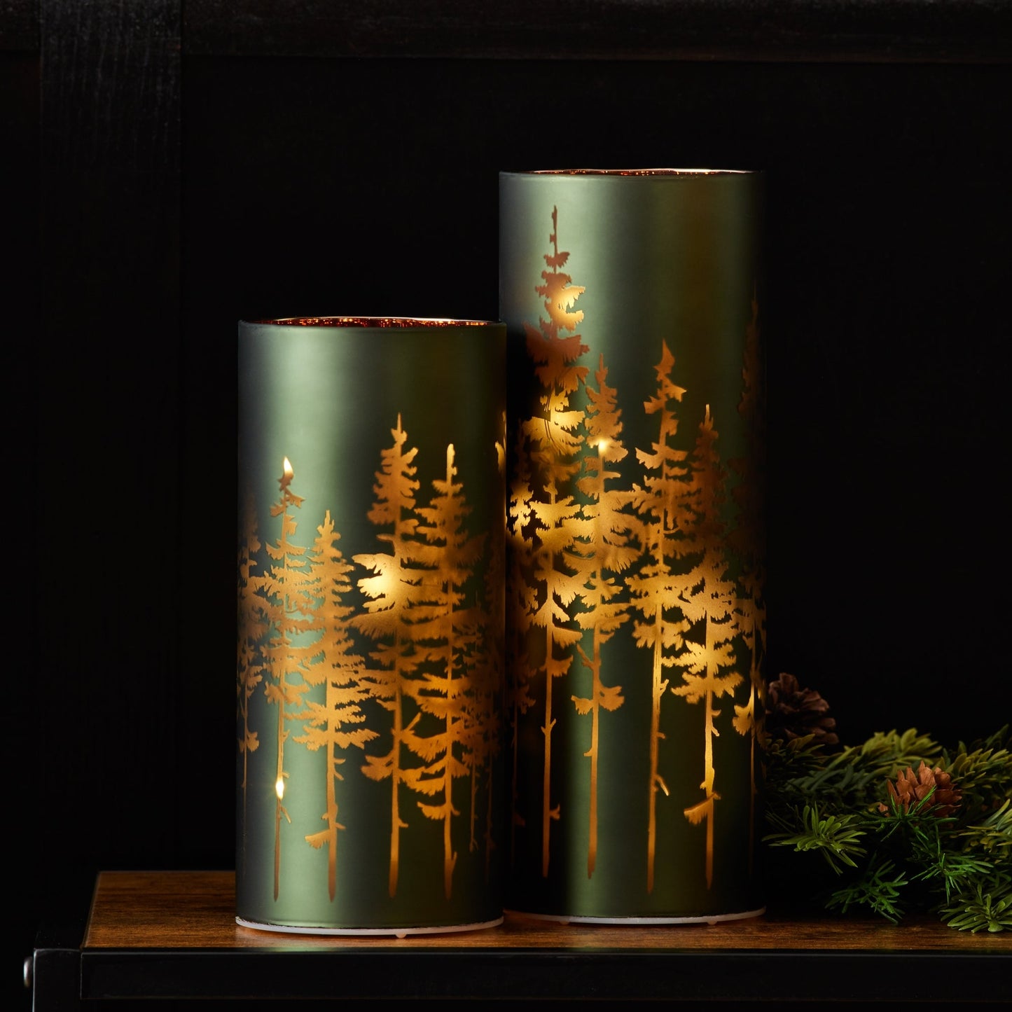Frosted Pine Trees Glass Candle Holder (Set of 2)