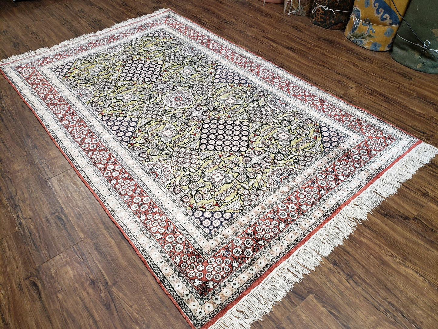 5x8 Indian Kashmiri Silk Rug with Gold Threads