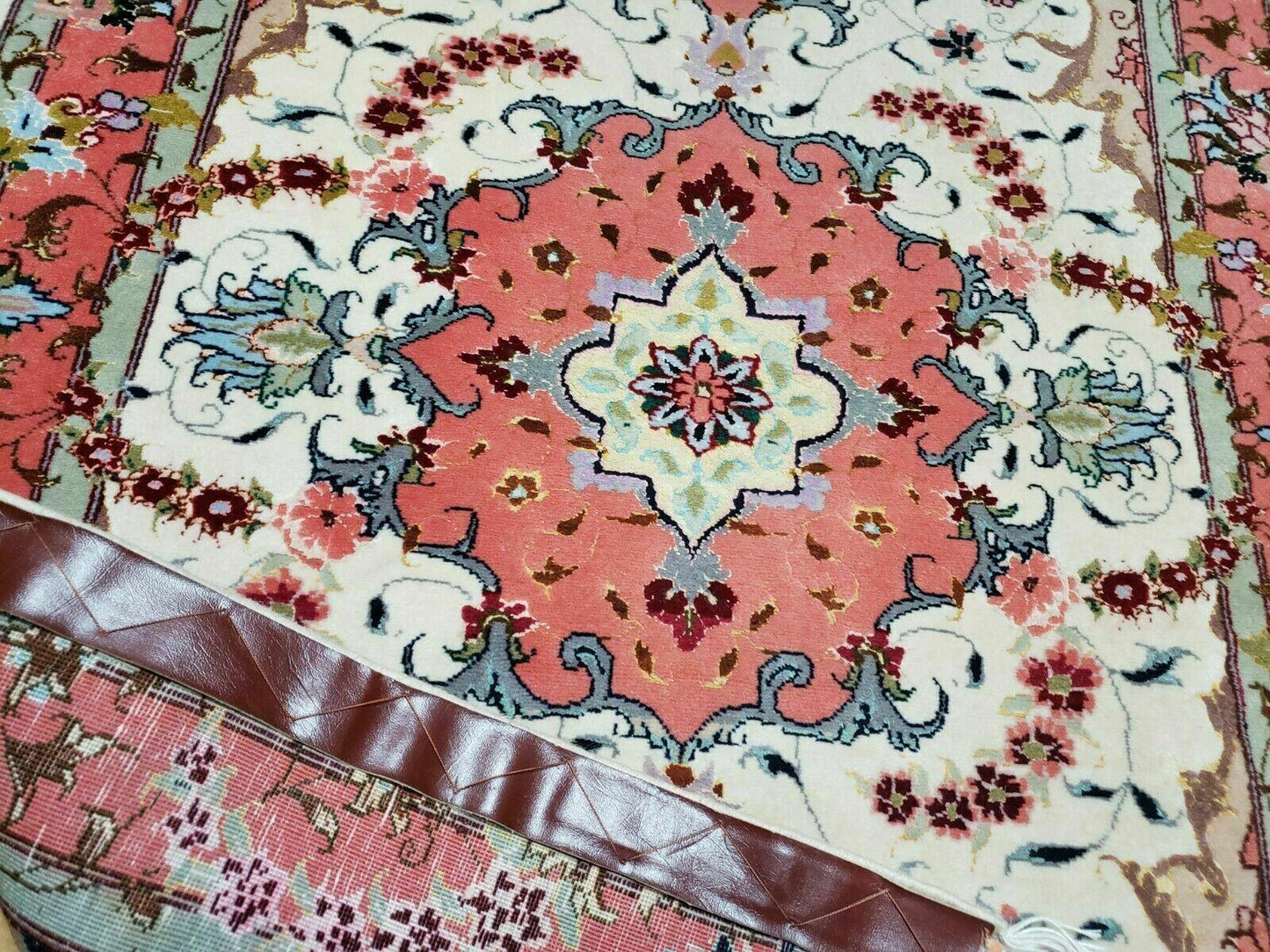Small Vintage Persian Tabriz Wool and Silk Rug 2.5 x 4 ft, Very Finely Hand Knotted, Medallion, Ivory Salmon Light Blue, Top Quality, Pair A