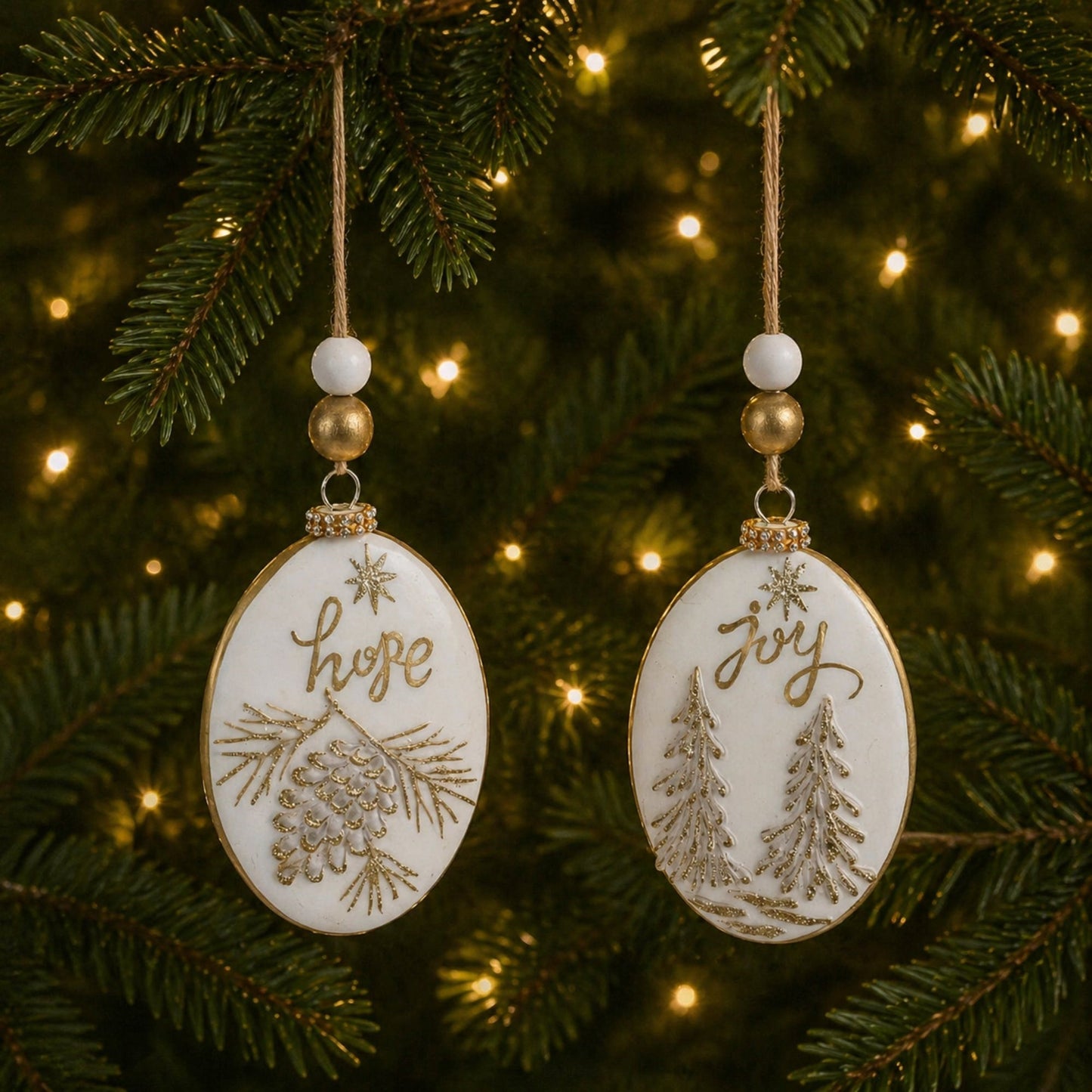 Glittered Glass Hope and Joy Ornament with Wood Beads (Set of 12)