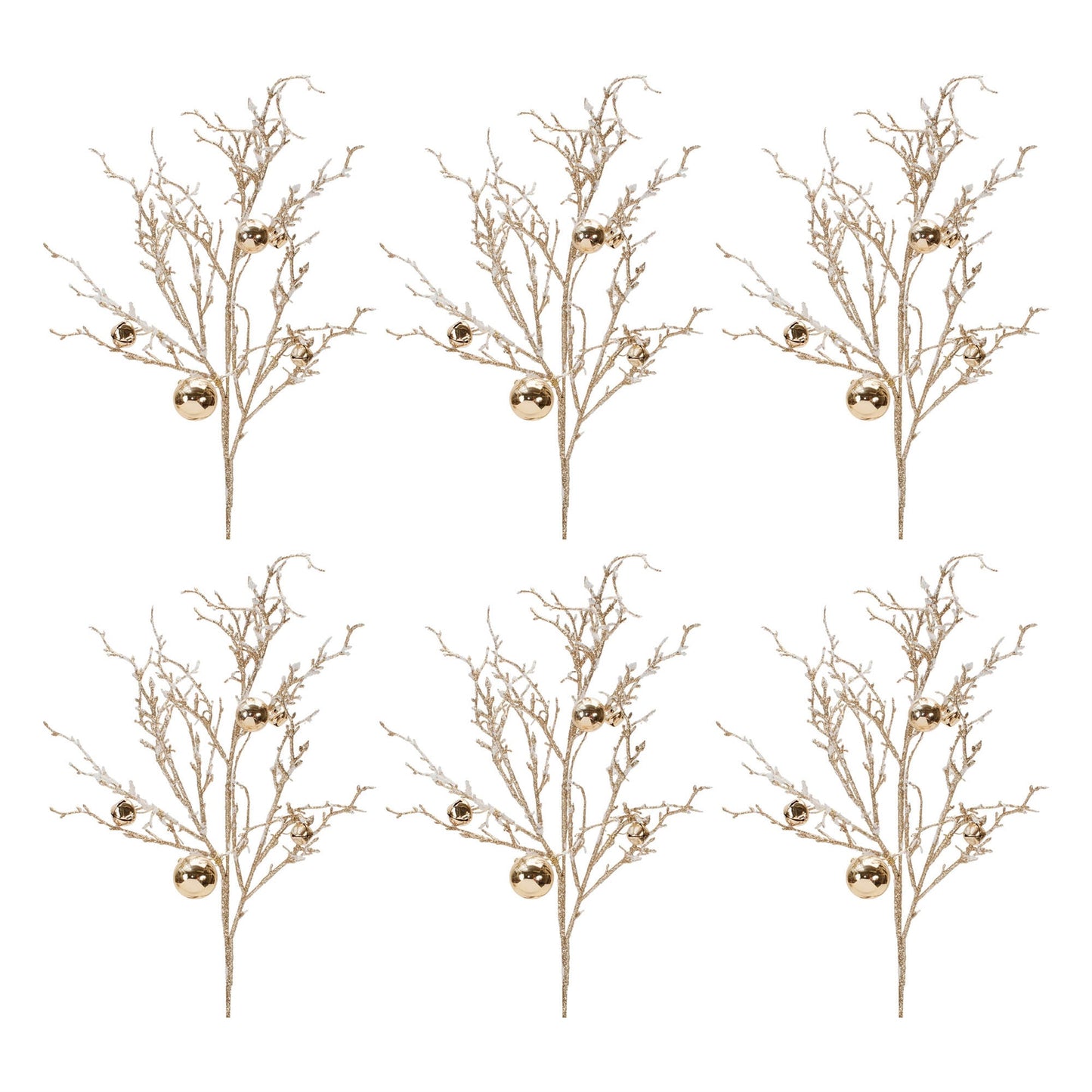 Flocked Twig Branch with Sleigh Bells (Set of 6)