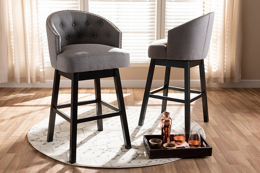 Baxton Studio Theron Transitional Gray Fabric Upholstered Wood Swivel Bar Stool Set of 2