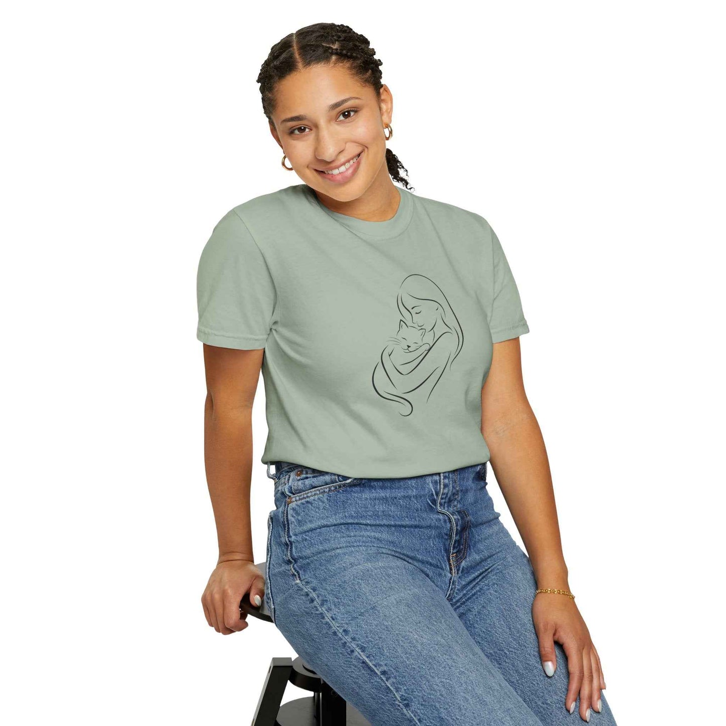 Mother & Cat Embrace T-Shirt | Minimal Line Art Cat Mom Shirt