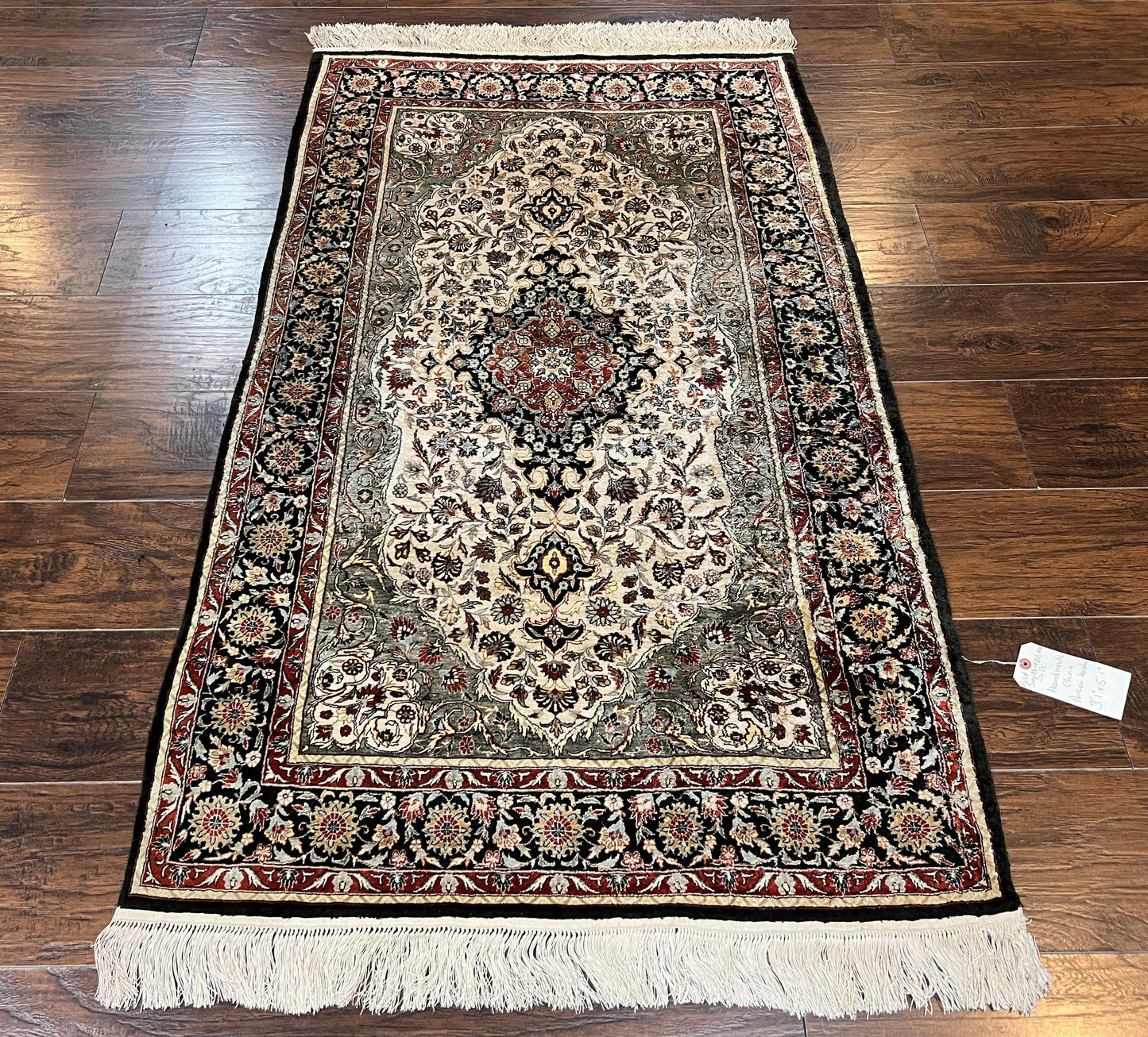 Silk Sino Persian Rug 3x5, Floral Medallion, Hand Knotted Silk Pile Silk Foundation, Traditional Silk Handmade Oriental Carpet, Cream Black
