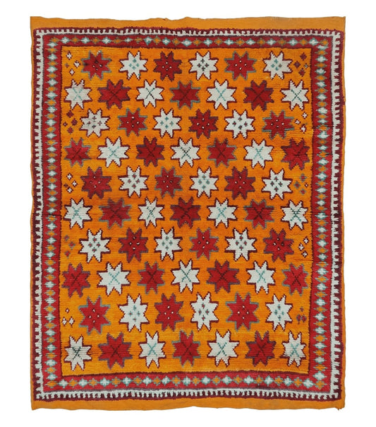 Vintage Moroccan Rug 4x5, Orange Ivory Red, Geometric Stars, Repeated Motif Allover, Hand Knotted Soft Wool Area Rug, Tribal Oriental Carpet