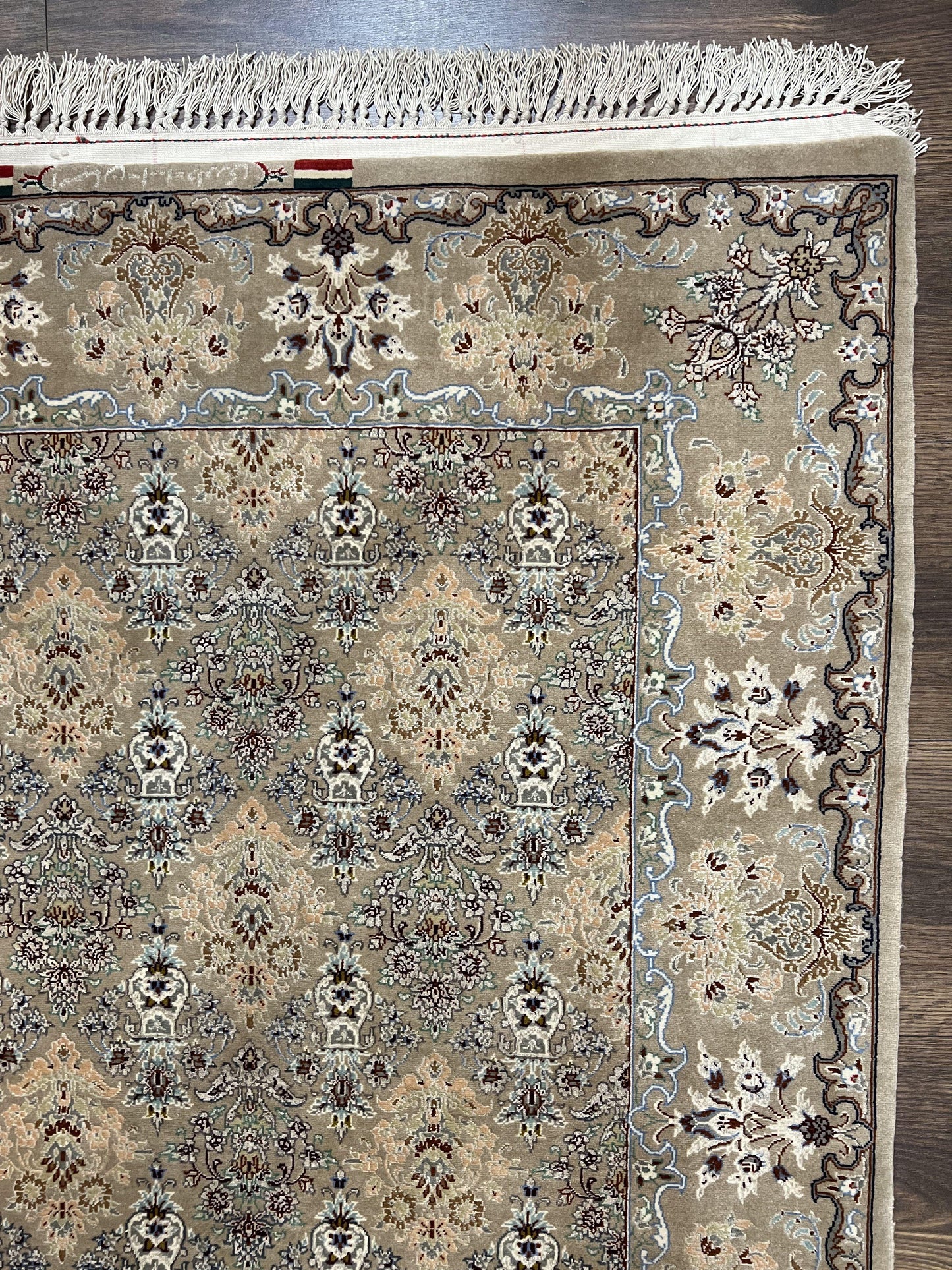 Super Fine Persian Isfahan Rug 3x5 ft, Kork Wool on Silk Foundation, Repeated Floral Motif, Taupe Tan Hand Knotted Oriental Carpet 3 x 5 ft, Signed