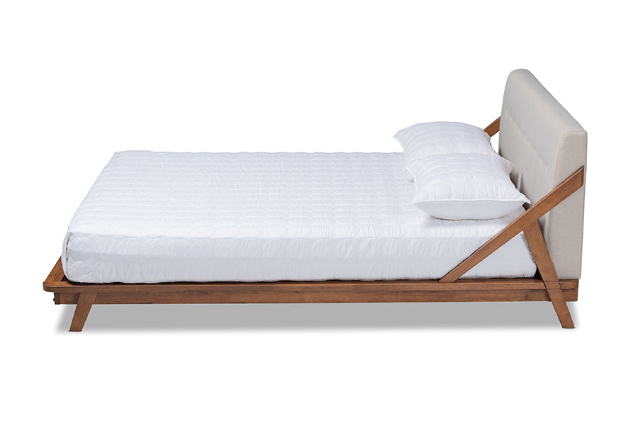 Baxton Studio Sante Mid-Century Modern Light Beige Fabric Upholstered Wood Queen Size Platform Bed
