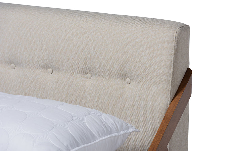 Baxton Studio Sante Mid-Century Modern Light Beige Fabric Upholstered Wood Queen Size Platform Bed