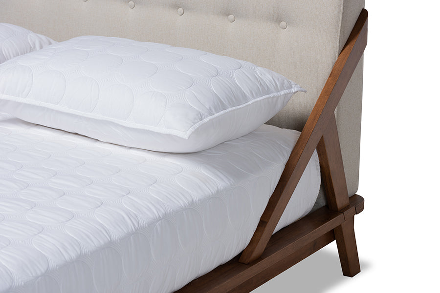 Baxton Studio Sante Mid-Century Modern Light Beige Fabric Upholstered Wood Queen Size Platform Bed