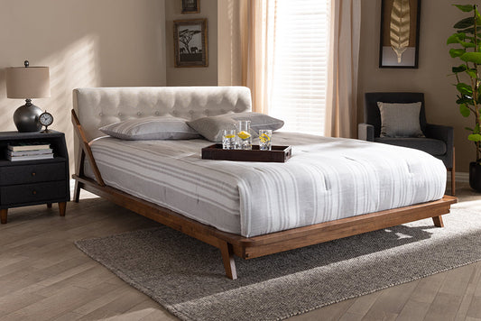 Baxton Studio Sante Mid-Century Modern Light Beige Fabric Upholstered Wood Queen Size Platform Bed