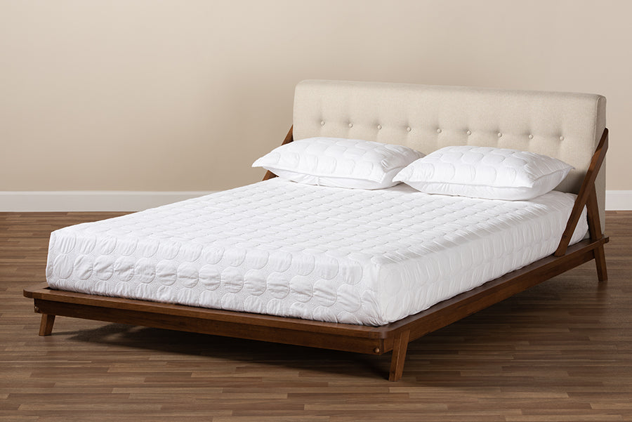 Baxton Studio Sante Mid-Century Modern Light Beige Fabric Upholstered Wood King Size Platform Bed