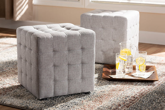 Baxton Studio Elladio Modern and Contemporary Greyish Beige Fabric Upholstered Tufted Cube Ottoman Set of 2