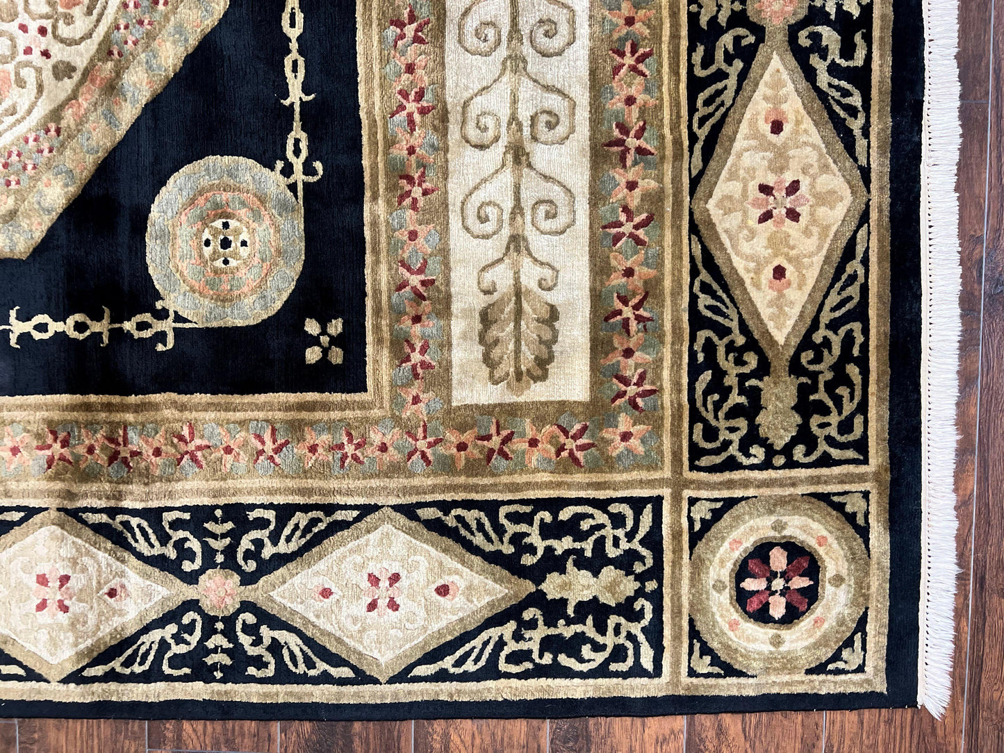 Tibetan Rug 8x10, Nepali Area Rug, Soft New Zealand Wool Carpet 8 x 10 ft, Black Tan Beige, Vintage Handmade Rug, French Aubusson Pattern