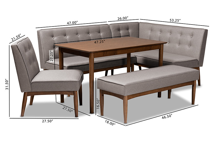Baxton Studio Arvid Mid-Century Modern Gray Fabric Upholstered 5-Piece Wood Dining Nook Set