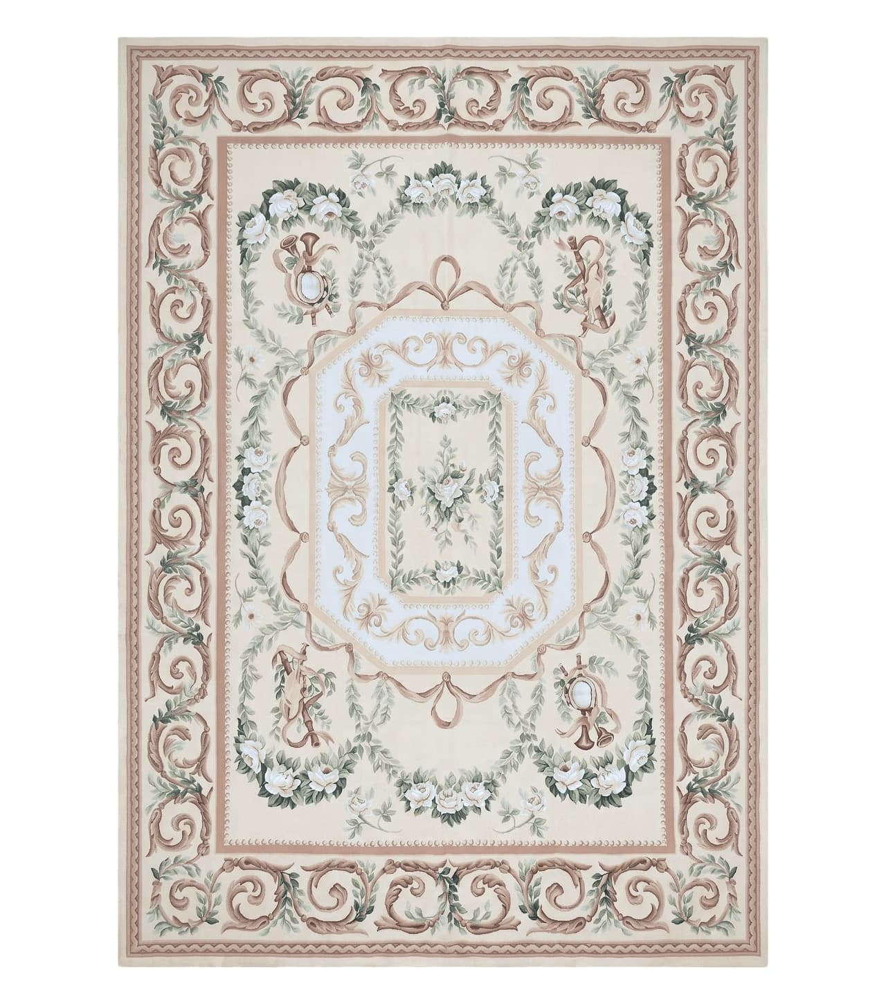 Elegant Aubusson Rug 10 x 14, Cream and Ivory Simple Aubusson Floral Carpet, Hand-Woven, European, New Aubusson Rug, Wool Area Rug, Violins