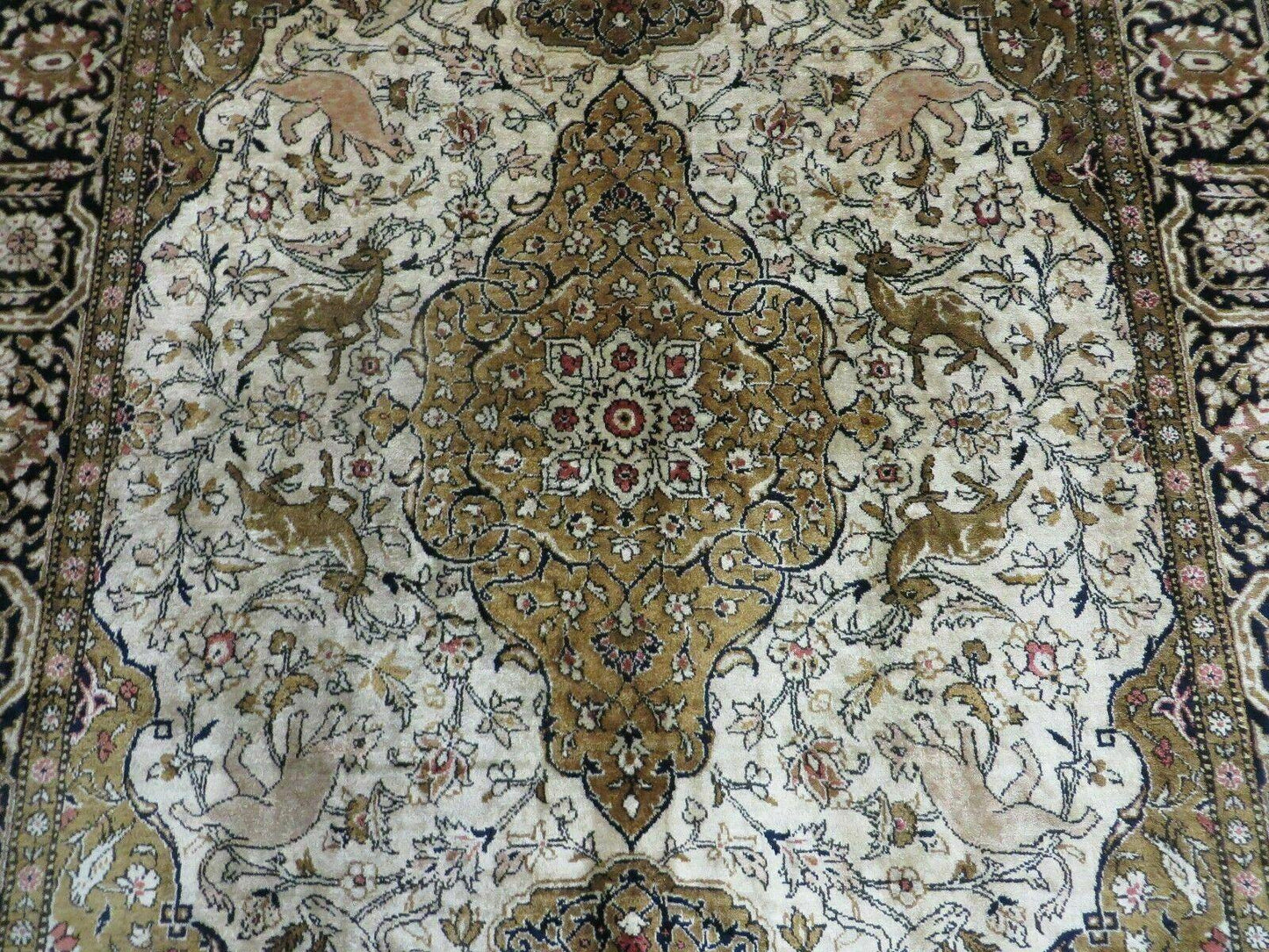 Handmade Silk Rug 3x5, Vintage Antique Silk Carpet, Hand-Knotted Oriental Rug 3 x 5, Animal Motifs, Deer Birds, One-Of-A-Kind