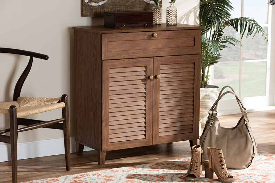 Baxton Studio Coolidge Modern and Contemporary Walnut Finished 4-Shelf Wood Shoe Storage Cabinet with Drawer