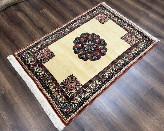 Persian Bidjar Rug 3x5, Open Field Medallion, Hand Knotted, Ivory/Cream Red Blue, Wool Oriental Bijar Carpet, 3 x 5 Vintage Area Rug, Floral Roses, Fine