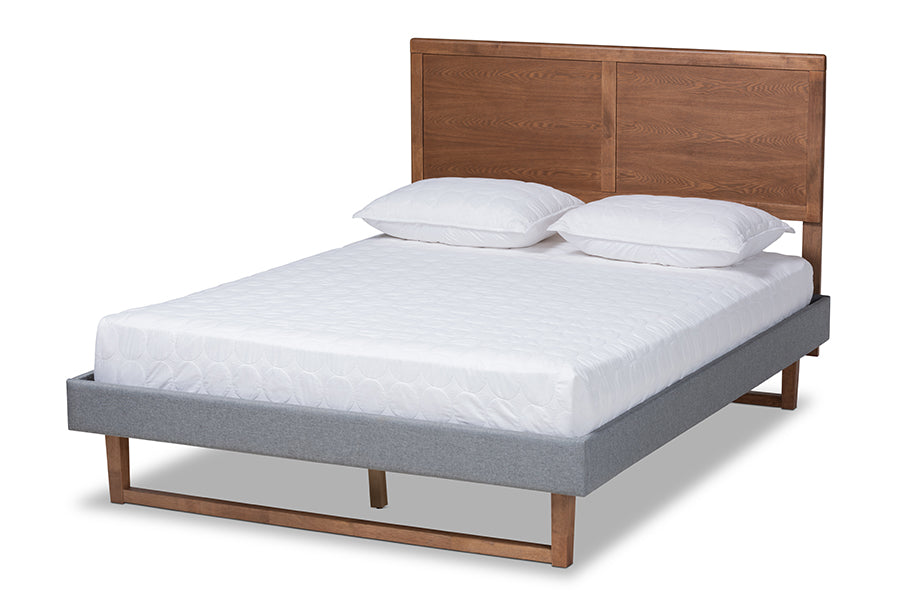 Baxton Studio Allegra Mid-Century Modern Dark Grey Fabric Upholstered and Ash Walnut Brown Finished Wood King Size Platform Bed
