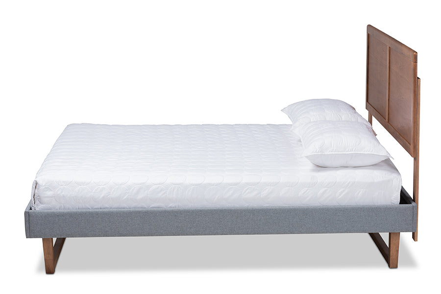 Baxton Studio Allegra Mid-Century Modern Dark Grey Fabric Upholstered and Ash Walnut Brown Finished Wood King Size Platform Bed