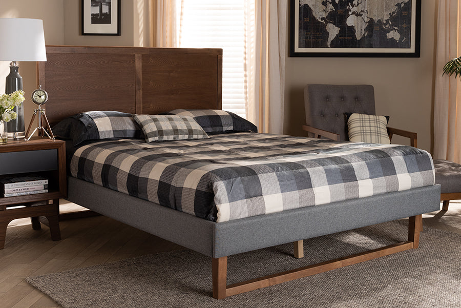 Baxton Studio Allegra Mid-Century Modern Dark Grey Fabric Upholstered and Ash Walnut Brown Finished Wood Full Size Platform Bed