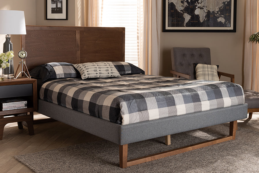Baxton Studio Allegra Mid-Century Modern Dark Grey Fabric Upholstered and Ash Walnut Brown Finished Wood Queen Size Platform Bed