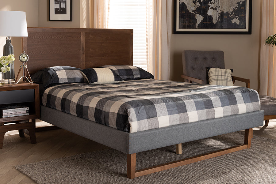 Baxton Studio Allegra Mid-Century Modern Dark Grey Fabric Upholstered and Ash Walnut Brown Finished Wood Full Size Platform Bed