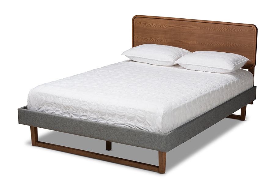 Baxton Studio Ayla Mid-Century Modern Dark Grey Fabric Upholstered Walnut Brown Finished Wood Full Size Platform Bed