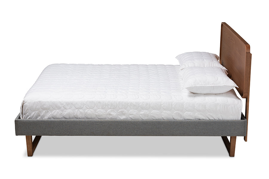Baxton Studio Ayla Mid-Century Modern Dark Grey Fabric Upholstered Walnut Brown Finished Wood Queen Size Platform Bed
