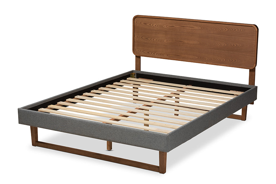 Baxton Studio Ayla Mid-Century Modern Dark Grey Fabric Upholstered Walnut Brown Finished Wood Full Size Platform Bed