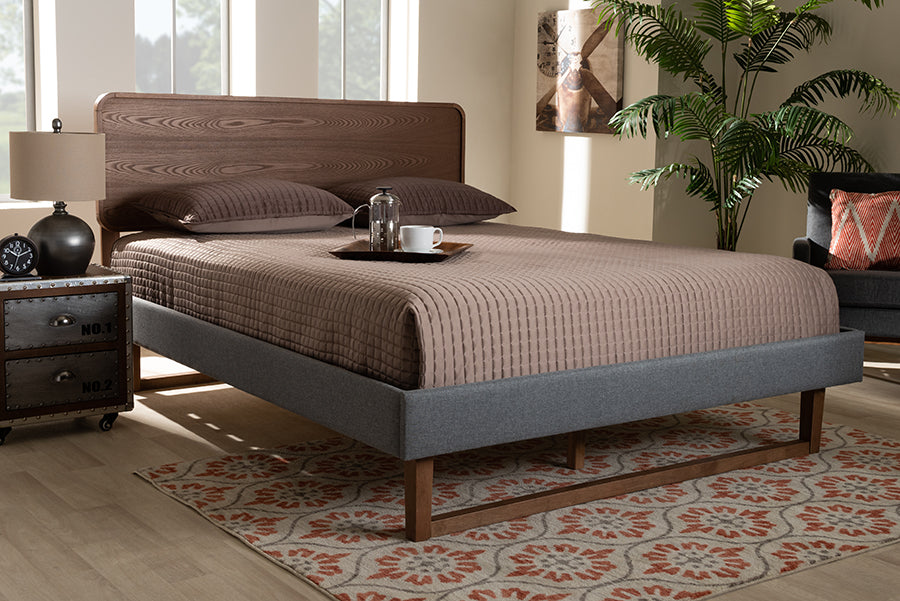 Baxton Studio Ayla Mid-Century Modern Dark Grey Fabric Upholstered Walnut Brown Finished Wood Queen Size Platform Bed