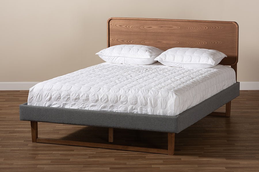 Baxton Studio Ayla Mid-Century Modern Dark Grey Fabric Upholstered Walnut Brown Finished Wood Full Size Platform Bed