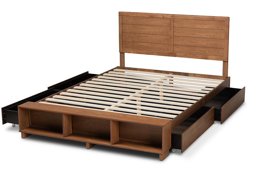 Baxton Studio Alba Modern Transitional Ash Walnut Brown Finished Wood Full Size 4-Drawer Platform Storage Bed with Built-In Shelves