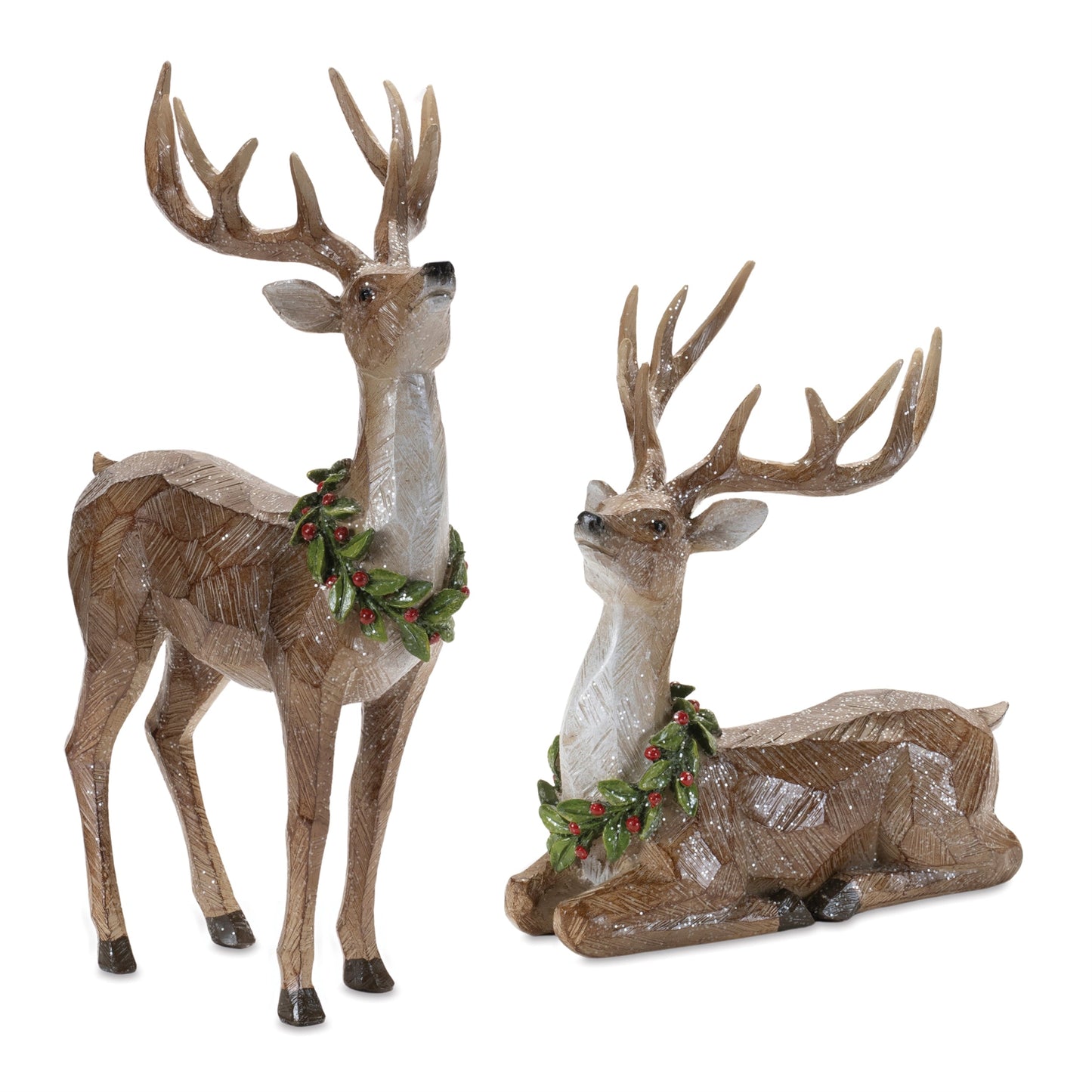 Glittered Deer with Holly Wreath (Set of 2)