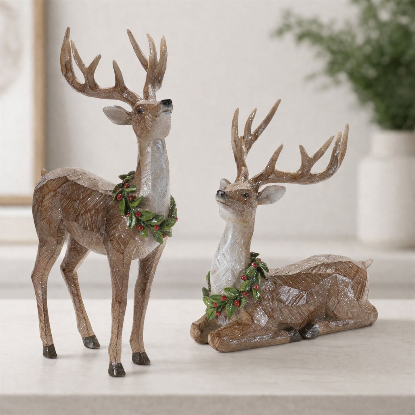 Glittered Deer with Holly Wreath (Set of 2)