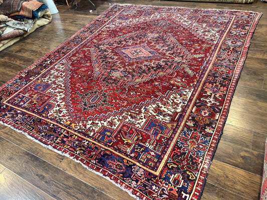 Persian Heriz Rug 9x11 ft, Geometric Rug 9 x 11, Red Room Sized Semi Antique Vintage Wool Hand Knotted Oriental Carpet