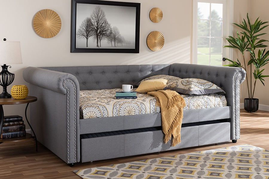 Baxton Studio Mabelle Modern and Contemporary Gray Fabric Upholstered Full Size Daybed with Trundle