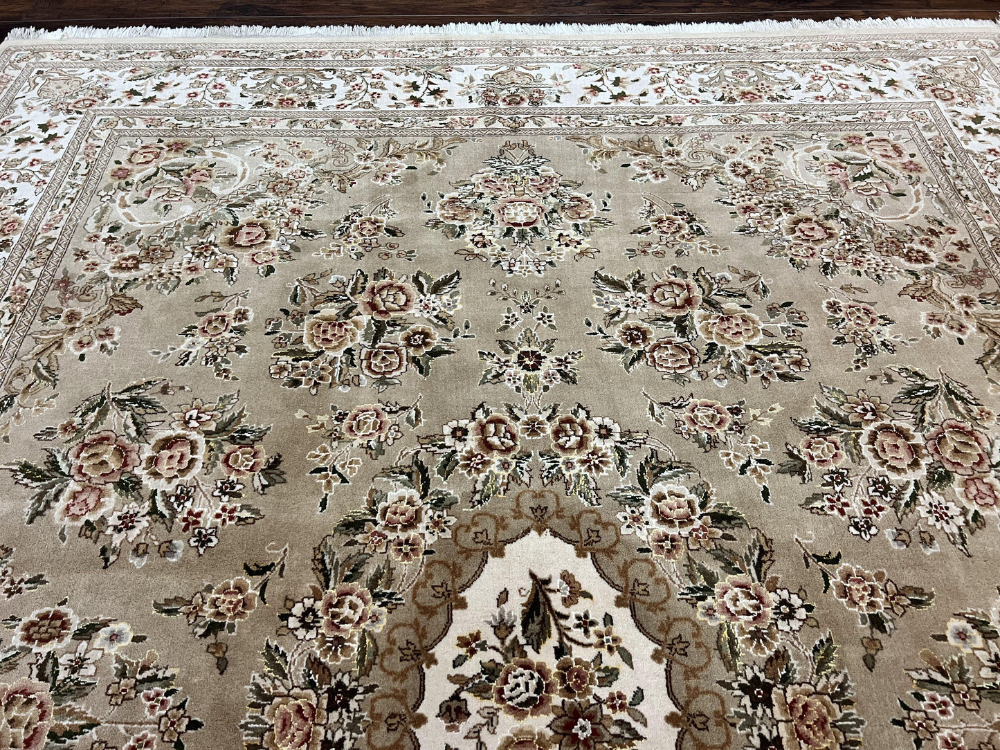 Sino Persian Rug 8x10, Soft Wool, Silk Highlights, Hand Knotted Vintage Carpet, Taupe & Ivory, Floral, Traditional Rug 8 x 10